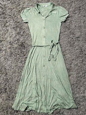 Vintage Monteau Light Green Polka Dot Romantic Boho Midi Dress Size S